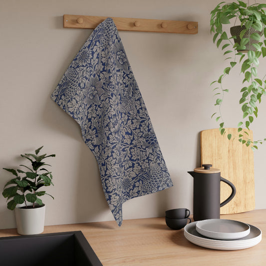 Kitchen Tea Towel inspired by William Morris & Co in a Blue and Grey floral pattern with birds - Bird and Anemone Collection