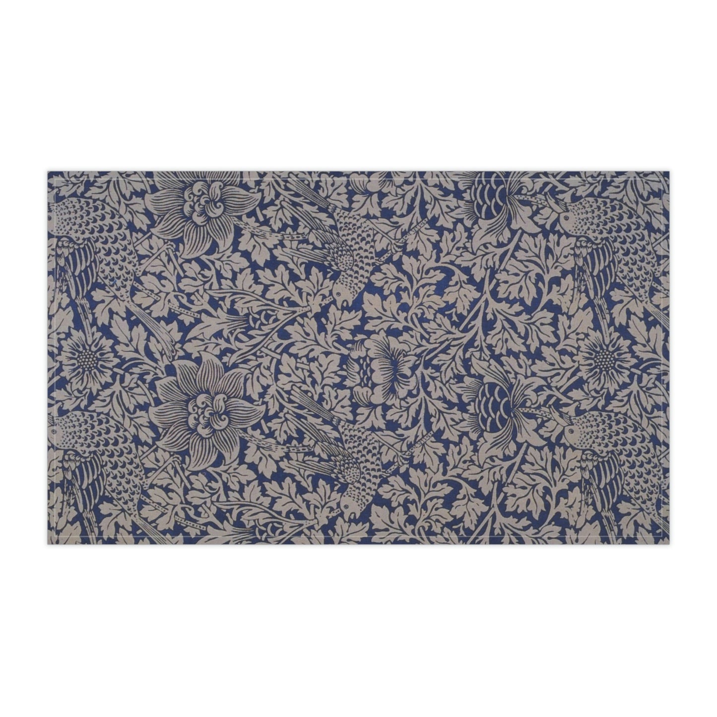 Kitchen Tea Towel inspired by William Morris & Co in a Blue and Grey floral pattern with birds - Bird and Anemone Collection