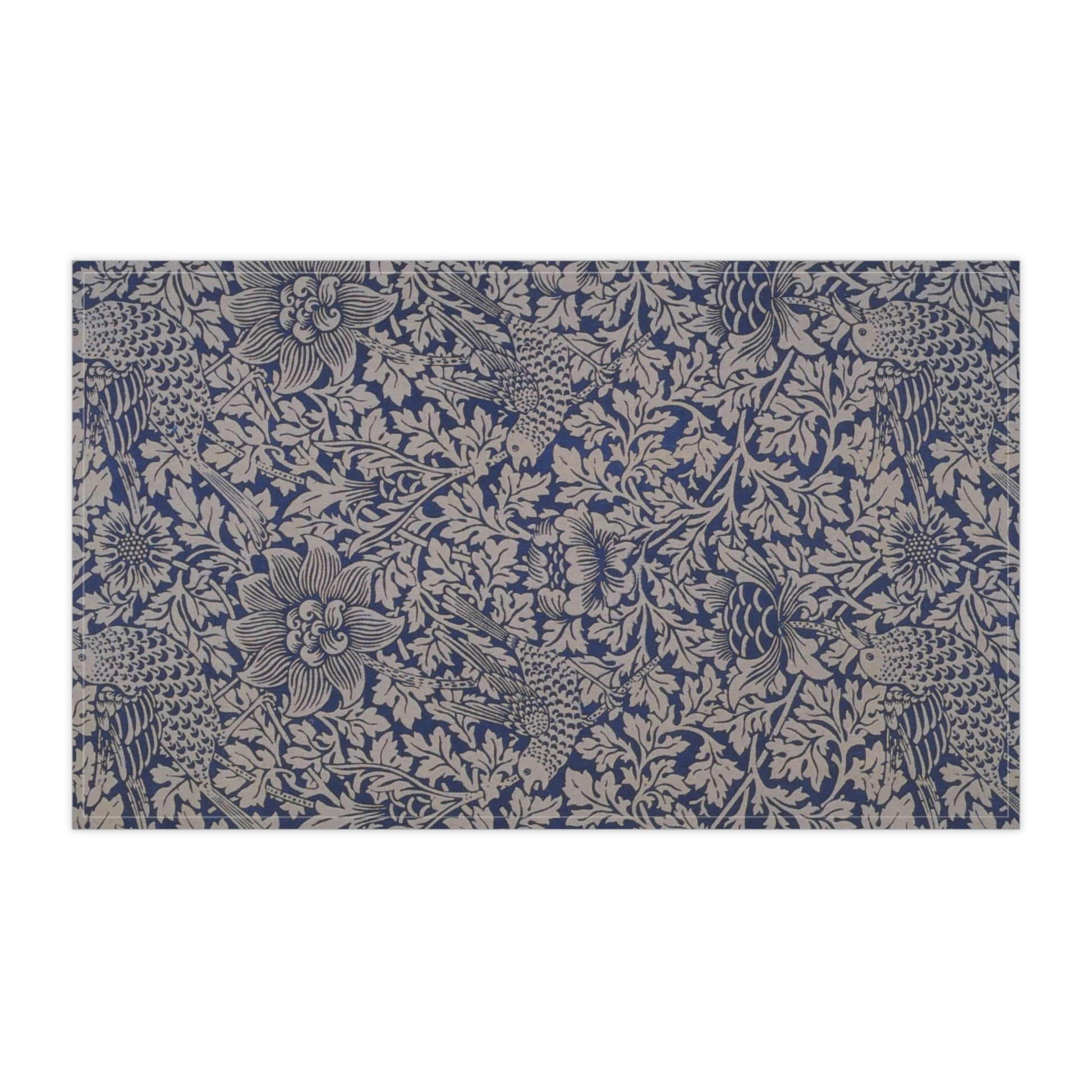 Kitchen Tea Towel inspired by William Morris & Co in a Blue and Grey floral pattern with birds - Bird and Anemone Collection