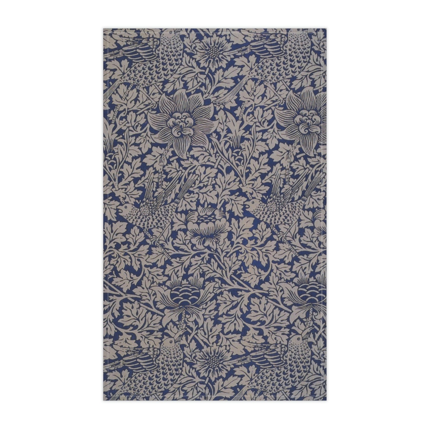 Kitchen Tea Towel inspired by William Morris & Co in a Blue and Grey floral pattern with birds - Bird and Anemone Collection