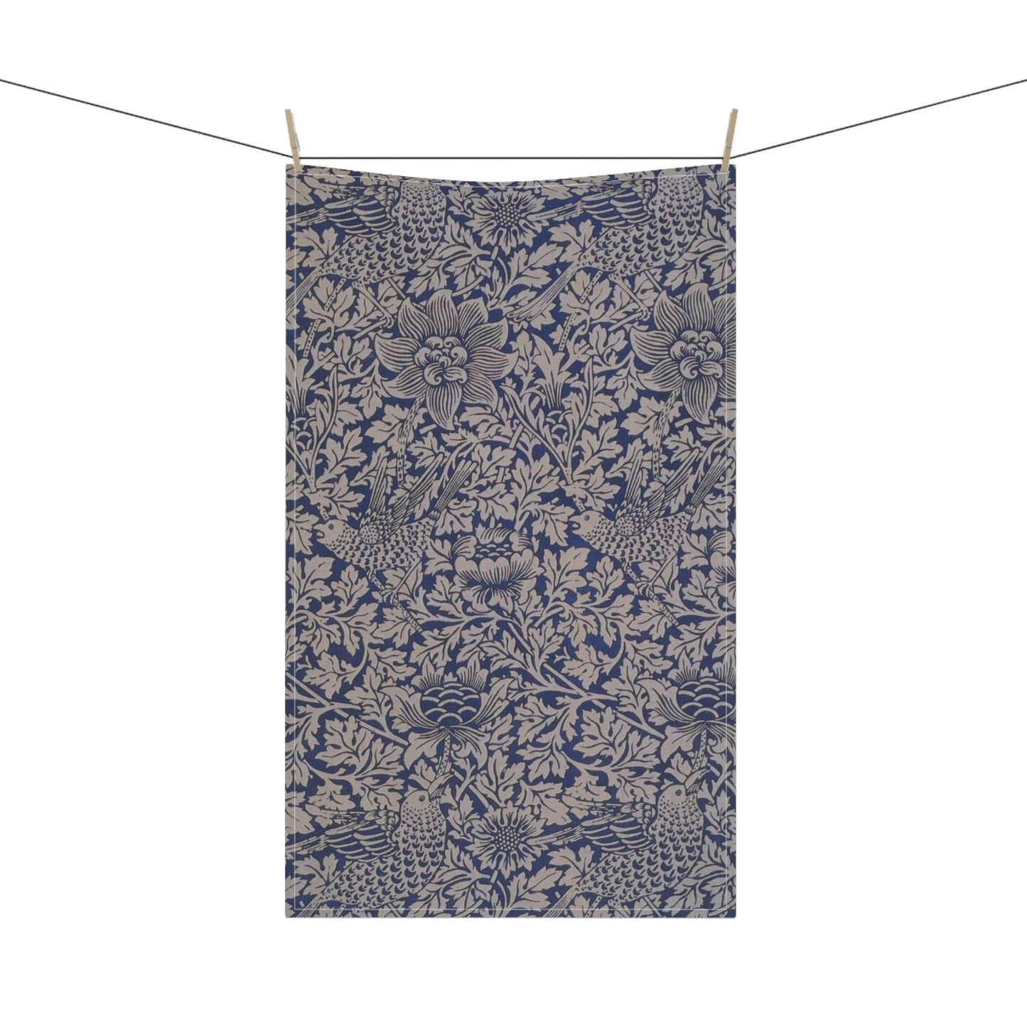 Kitchen Tea Towel inspired by William Morris & Co in a Blue and Grey floral pattern with birds - Bird and Anemone Collection
