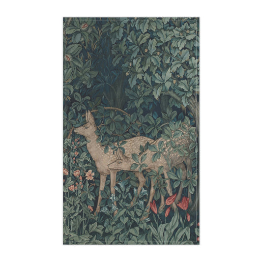 A kitchen tea towel featuring an artistic deer design with greenery and floral patterns inspired by William Morris - Greenery Collection.