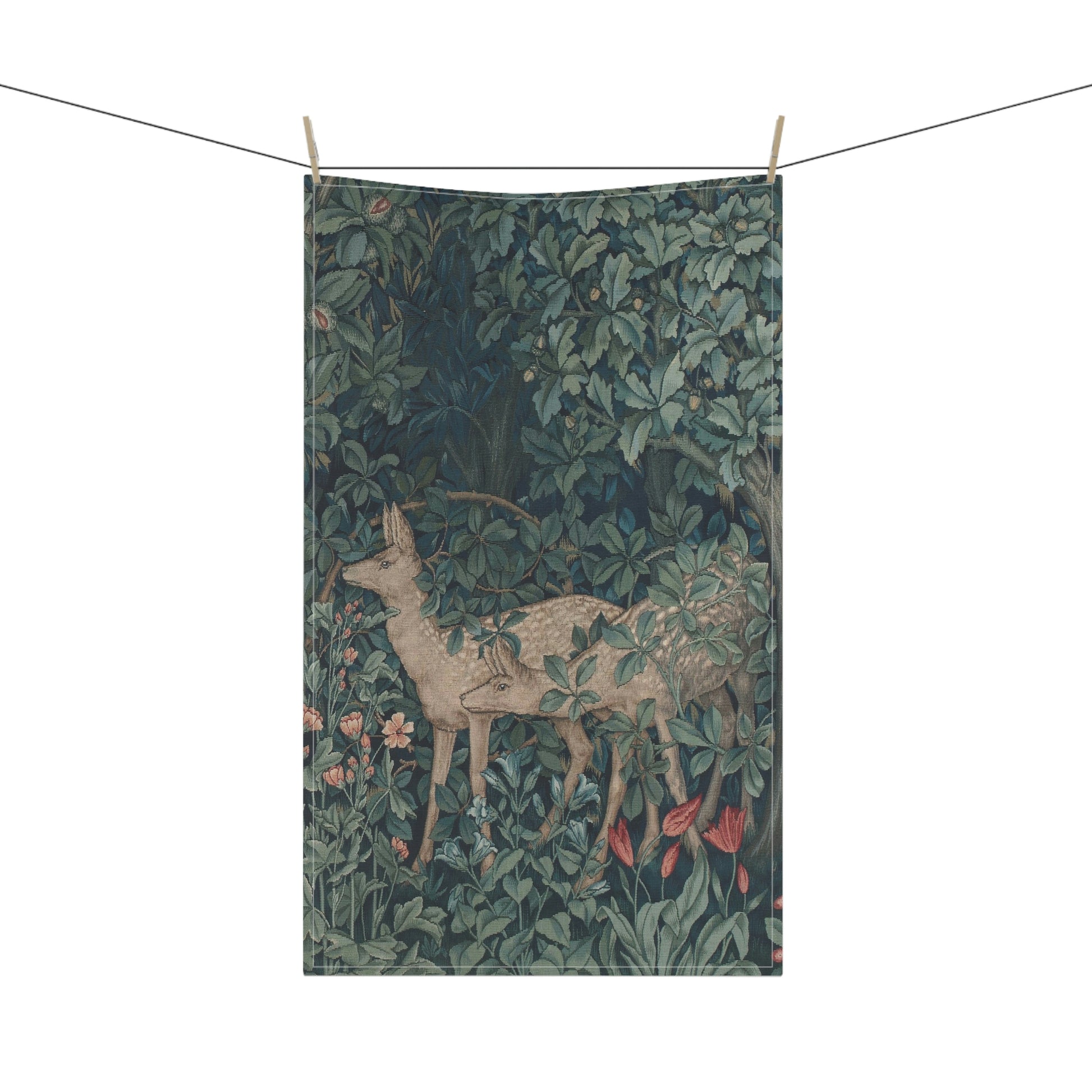 A kitchen tea towel featuring an artistic deer design with greenery and floral patterns inspired by William Morris - Greenery Collection.