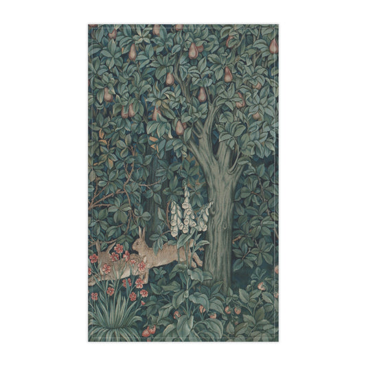A kitchen tea towel featuring an artistic design with a rabbit among leaves and a tree, inspired by the William Morris - Greenery Collection.