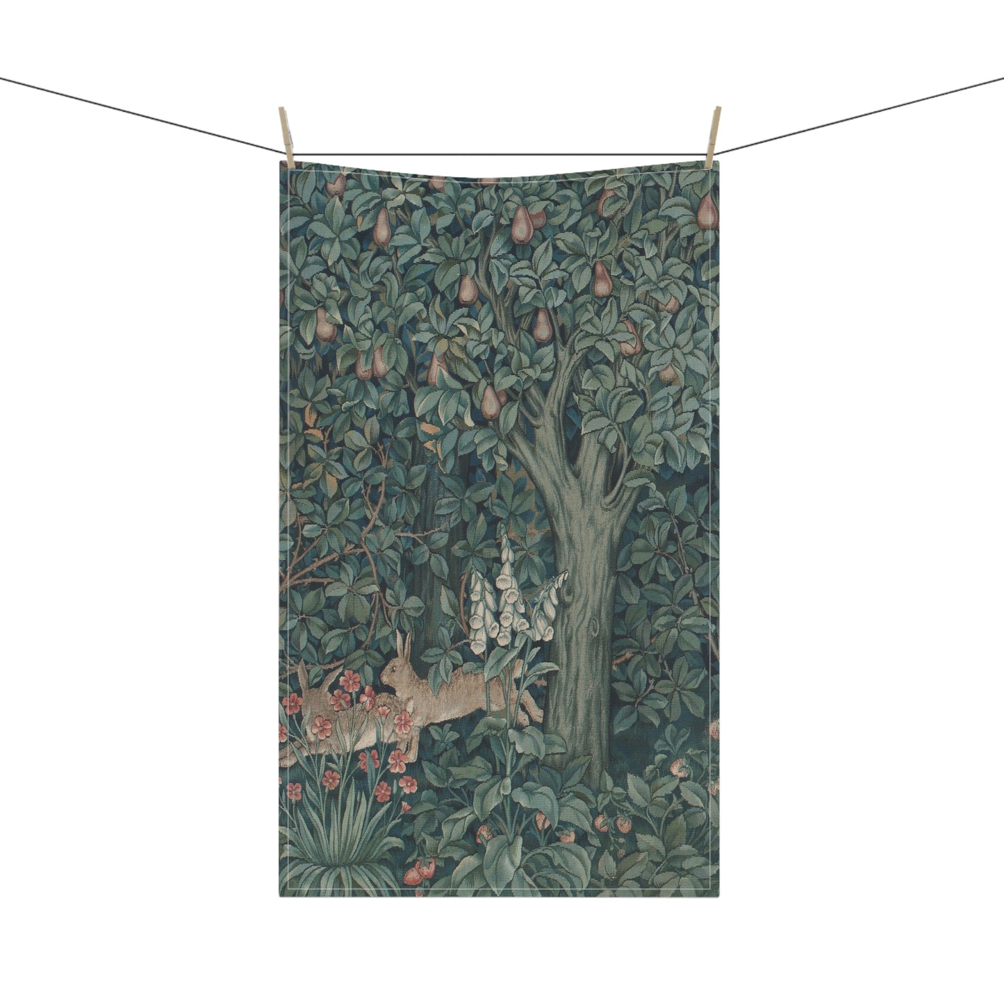 A kitchen tea towel featuring an artistic design with a rabbit among leaves and a tree, inspired by the William Morris - Greenery Collection.