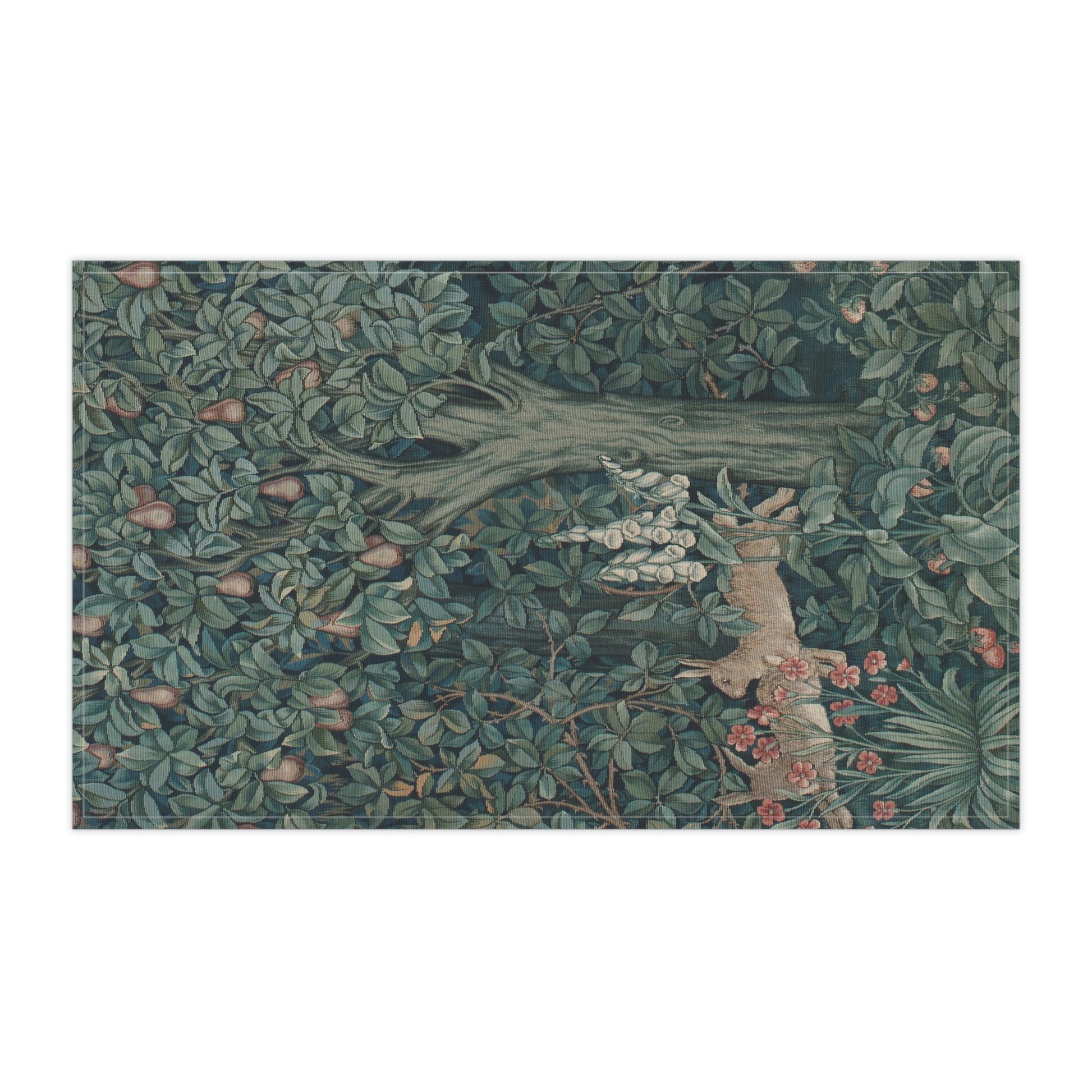 A kitchen tea towel featuring an artistic design with a rabbit among leaves and a tree, inspired by the William Morris - Greenery Collection.