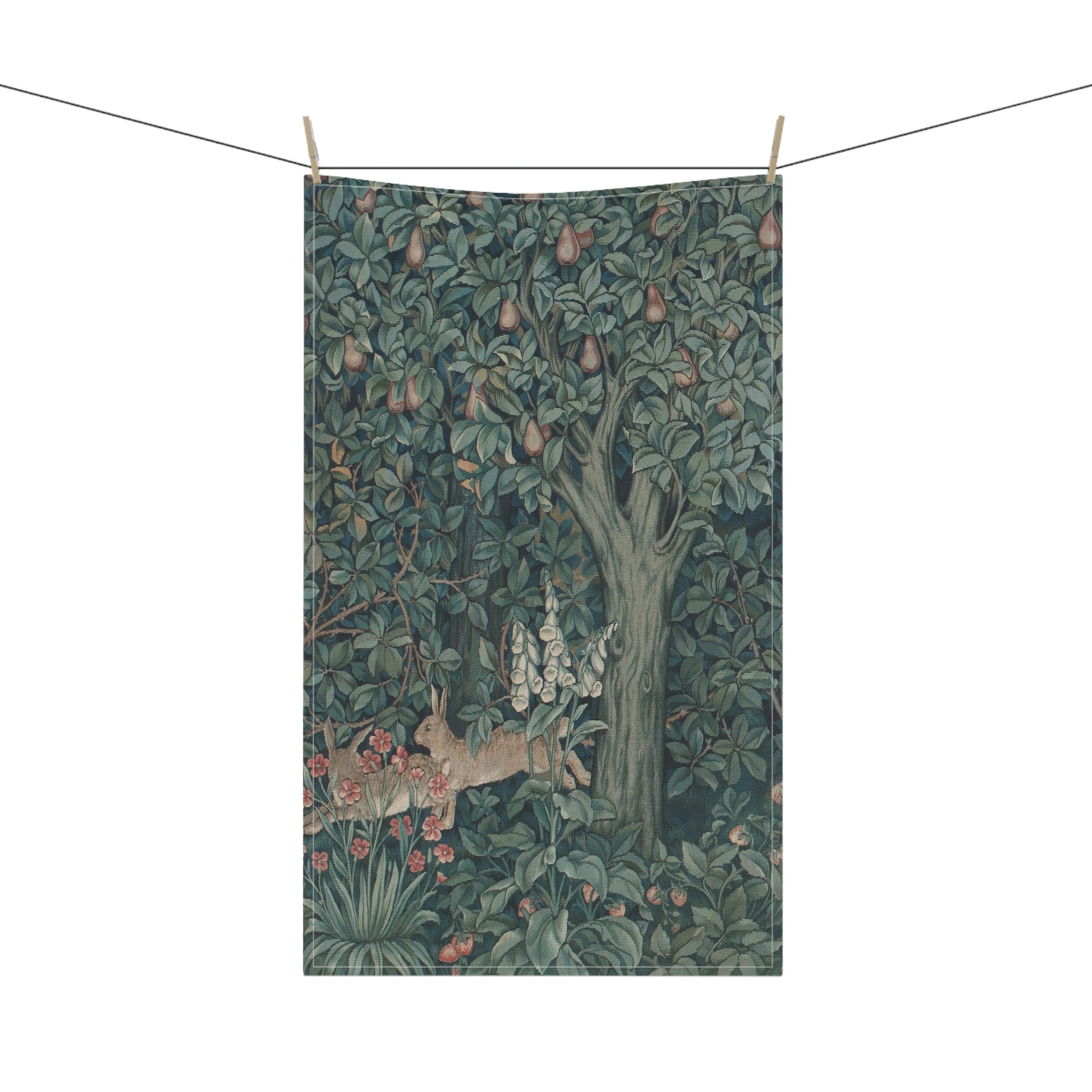 A kitchen tea towel featuring an artistic design with a rabbit among leaves and a tree, inspired by the William Morris - Greenery Collection.