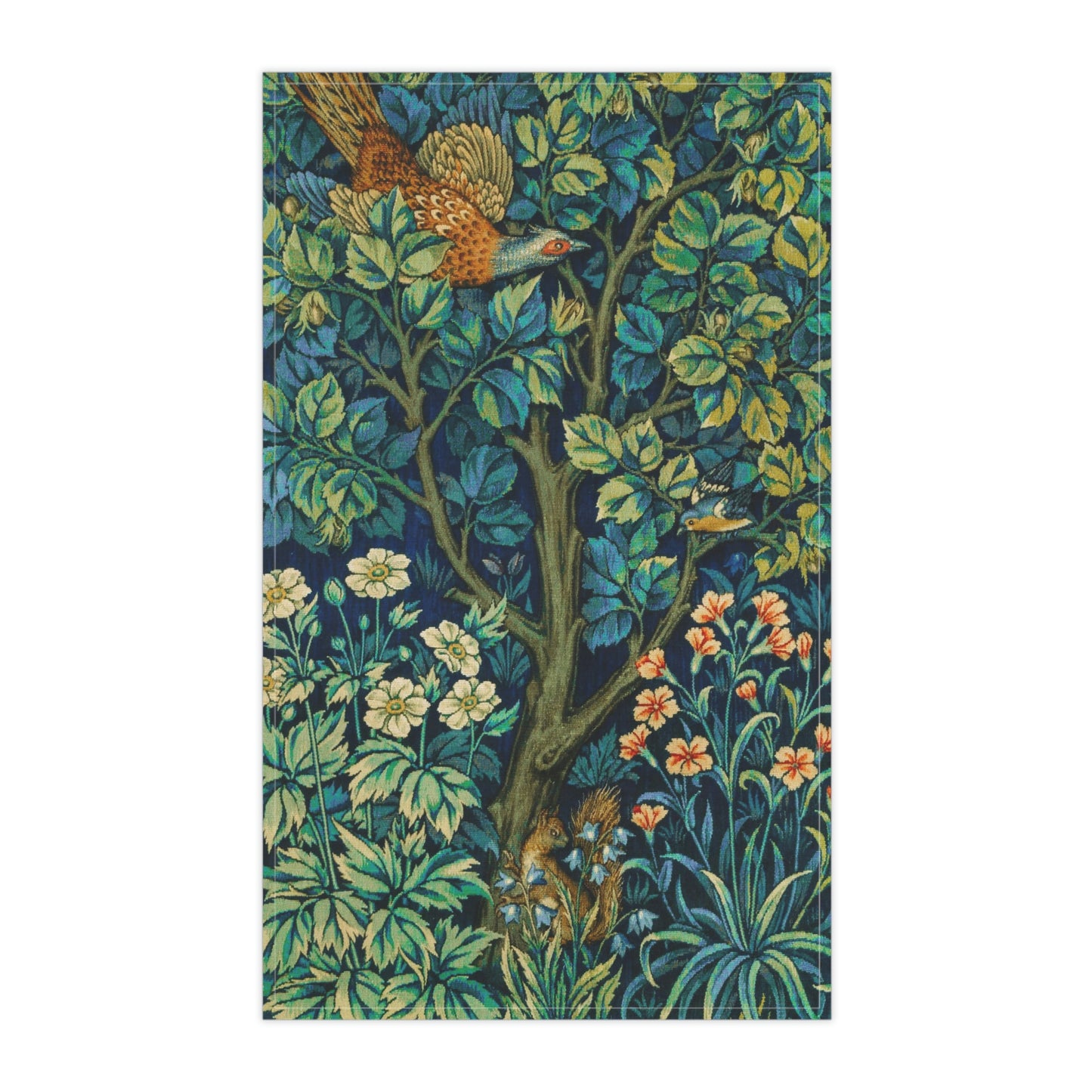 A kitchen tea towel featuring an artistic design with pheasants, squirrels, and floral elements on a blue background.
