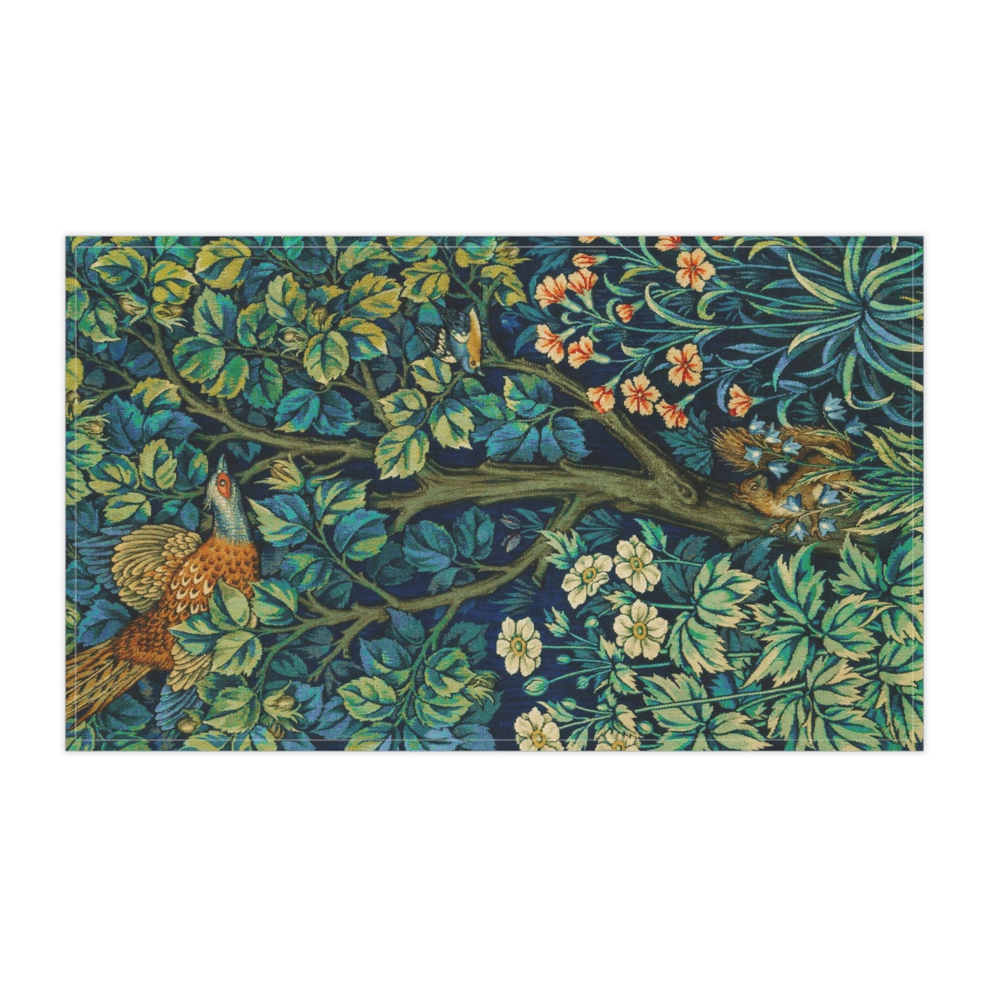 A kitchen tea towel featuring an artistic design with pheasants, squirrels, and floral elements on a blue background.