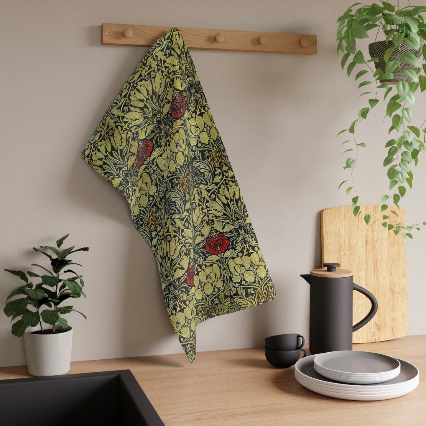 A kitchen tea towel with a floral pattern inspired by William Morris - Tulip and Rose Collection.