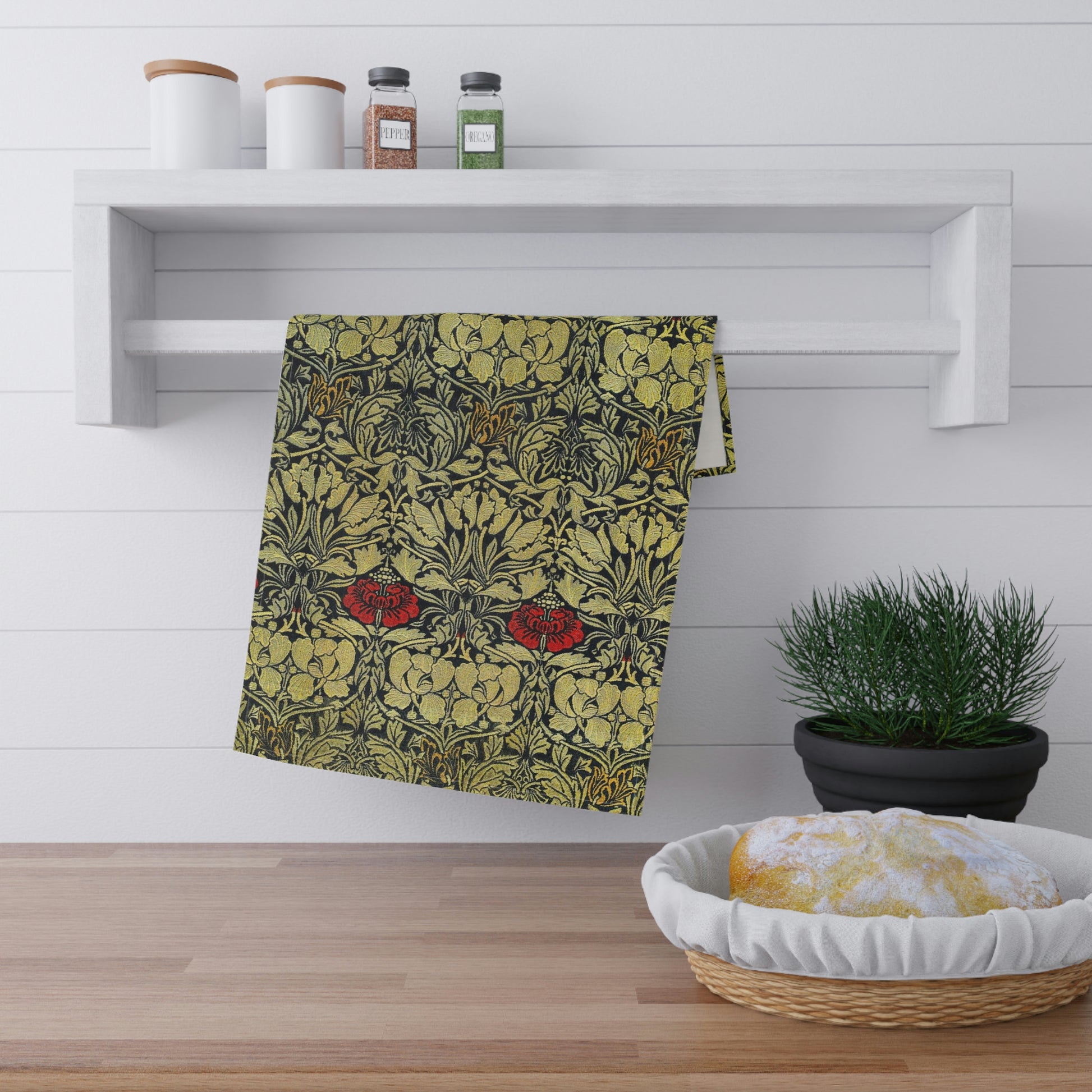 A kitchen tea towel with a floral pattern inspired by William Morris - Tulip and Rose Collection.