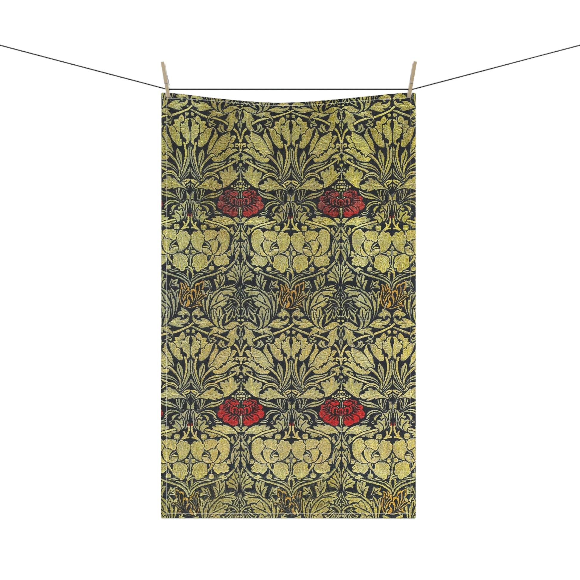 A kitchen tea towel with a floral pattern inspired by William Morris - Tulip and Rose Collection.