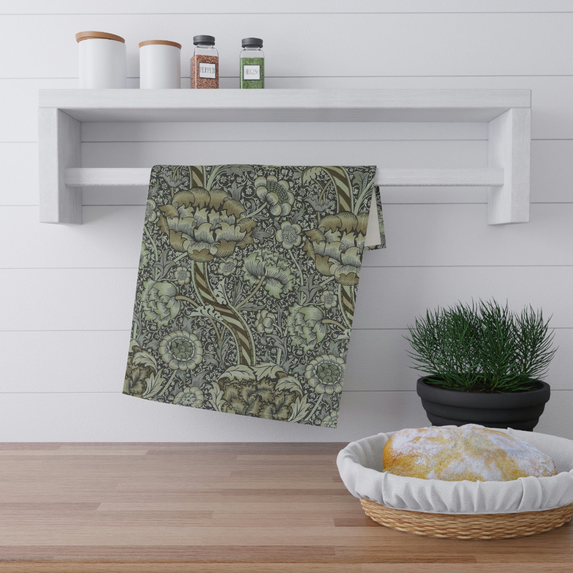A kitchen tea towel with a floral pattern inspired by William Morris - Wandle Collection in gray colour.