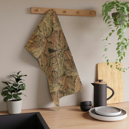 A kitchen tea towel with a floral and leaf pattern, inspired by William Morris - Acanthus Collection.