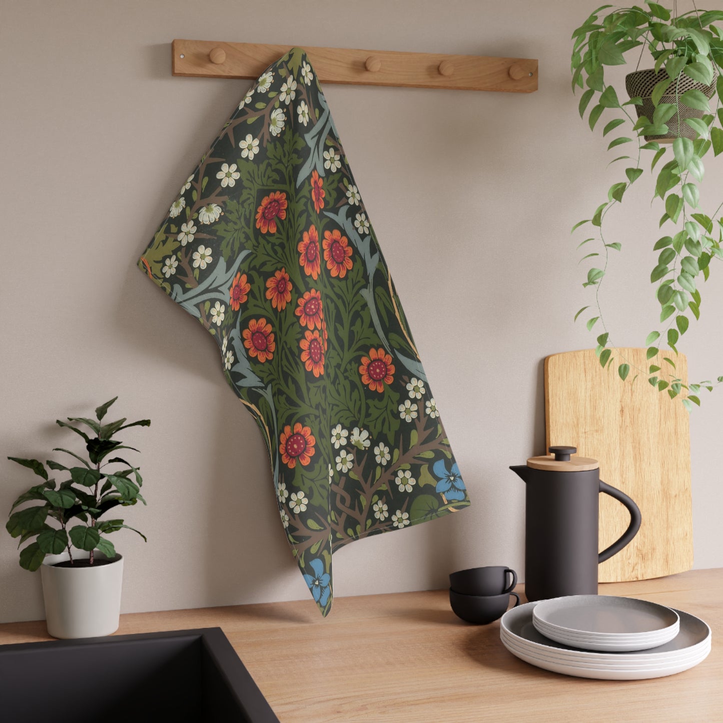 A kitchen tea towel with a floral pattern inspired by William Morris - Blackthorn Collection.