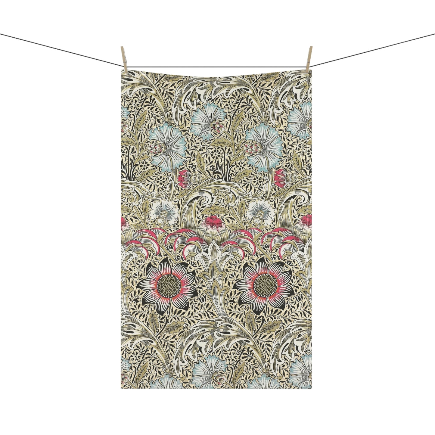A kitchen tea towel with a floral pattern inspired by William Morris - Corncockle Collection.