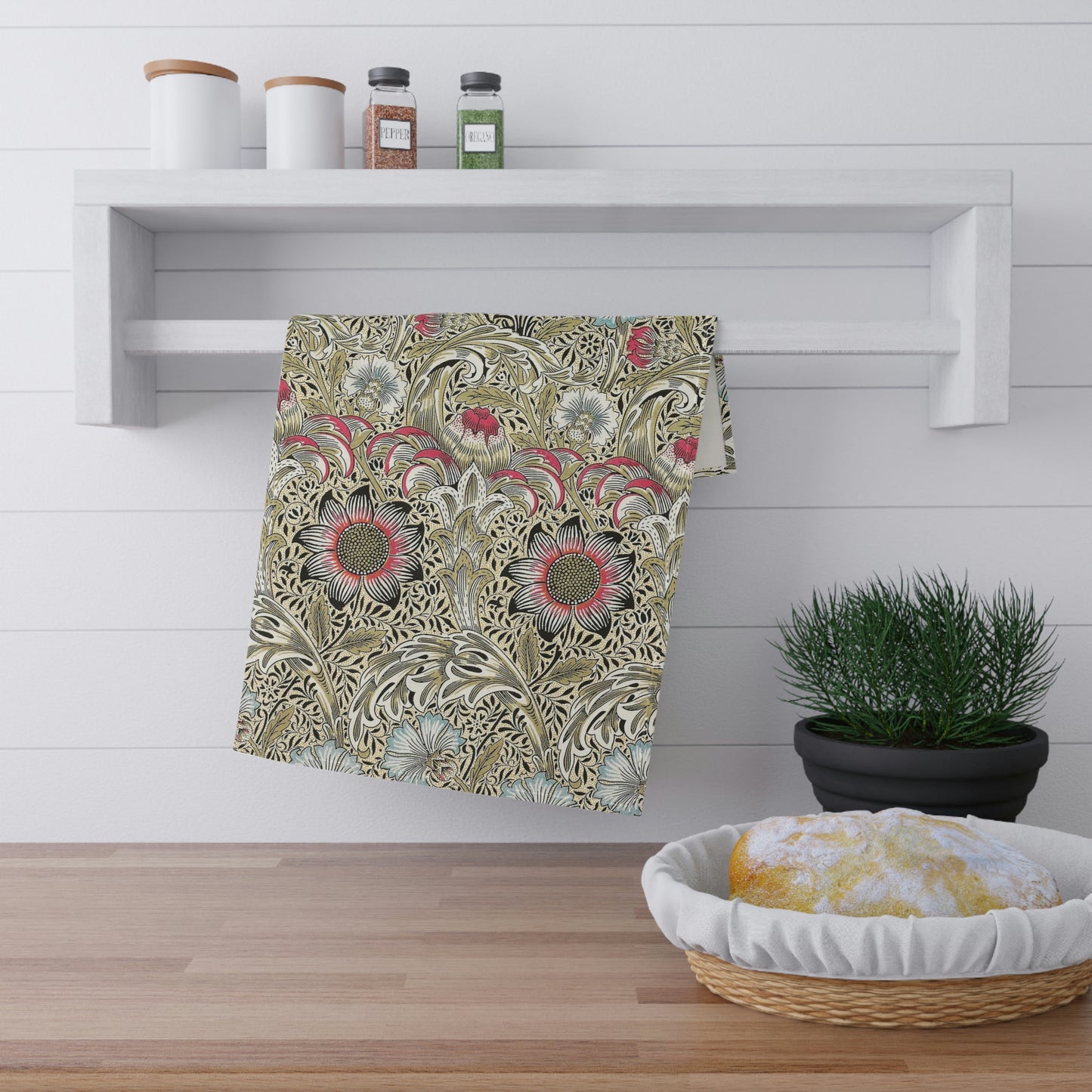 A kitchen tea towel with a floral pattern inspired by William Morris - Corncockle Collection.