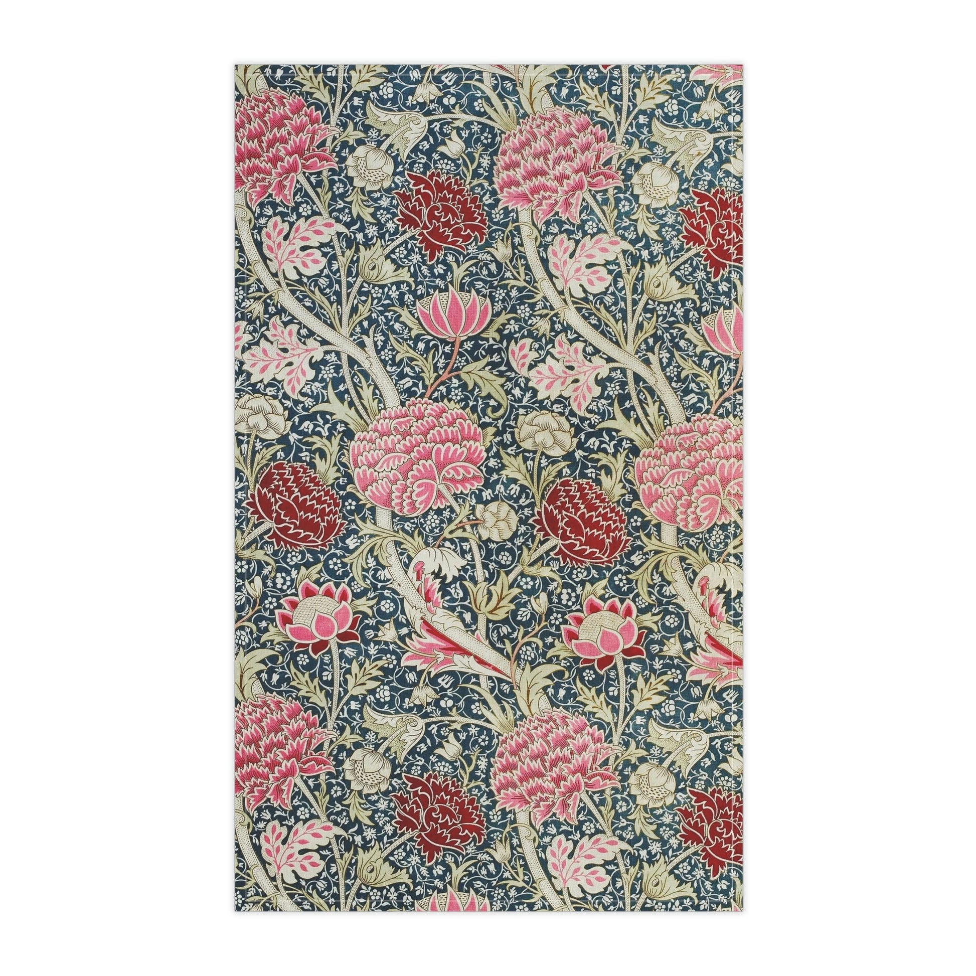 A kitchen tea towel with a floral pattern inspired by William Morris - Cray Collection, featuring predominantly blue, pink and red colours.