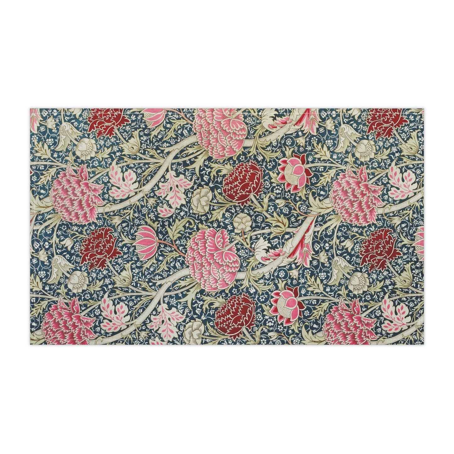 A kitchen tea towel with a floral pattern inspired by William Morris - Cray Collection, featuring predominantly blue, pink and red colours.
