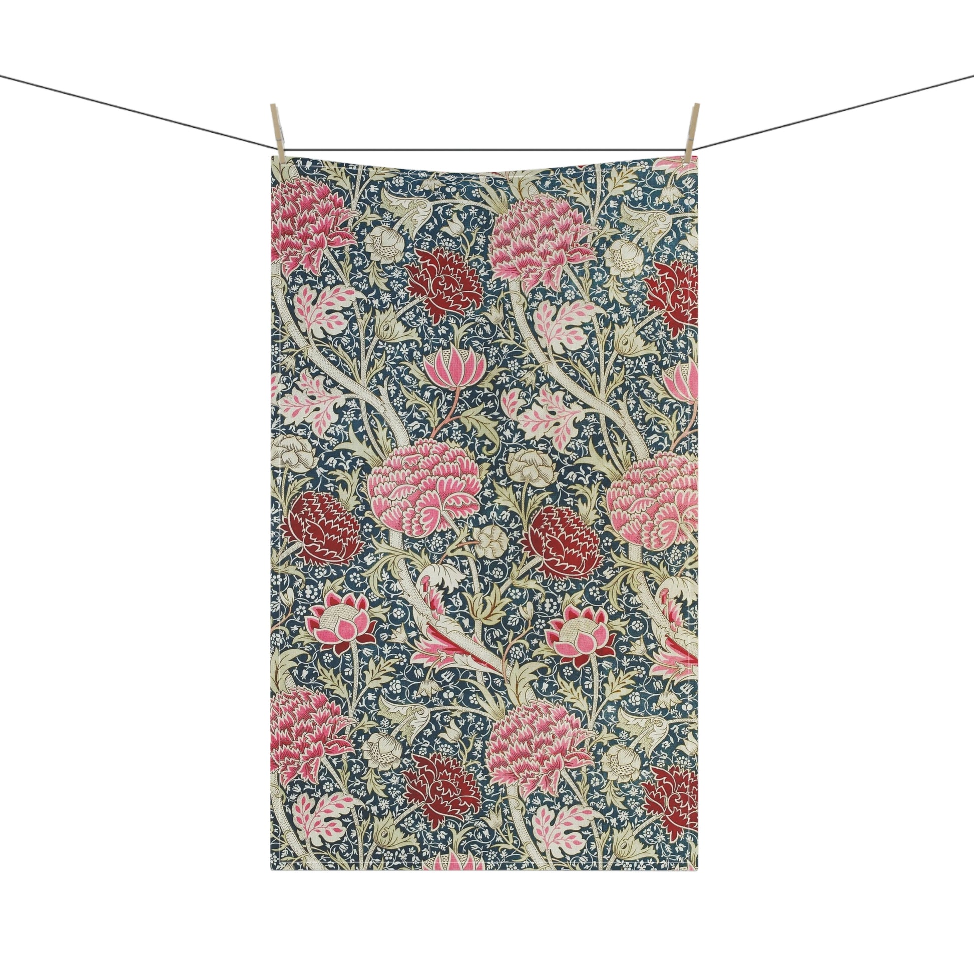 A kitchen tea towel with a floral pattern inspired by William Morris - Cray Collection, featuring predominantly blue, pink and red colours.