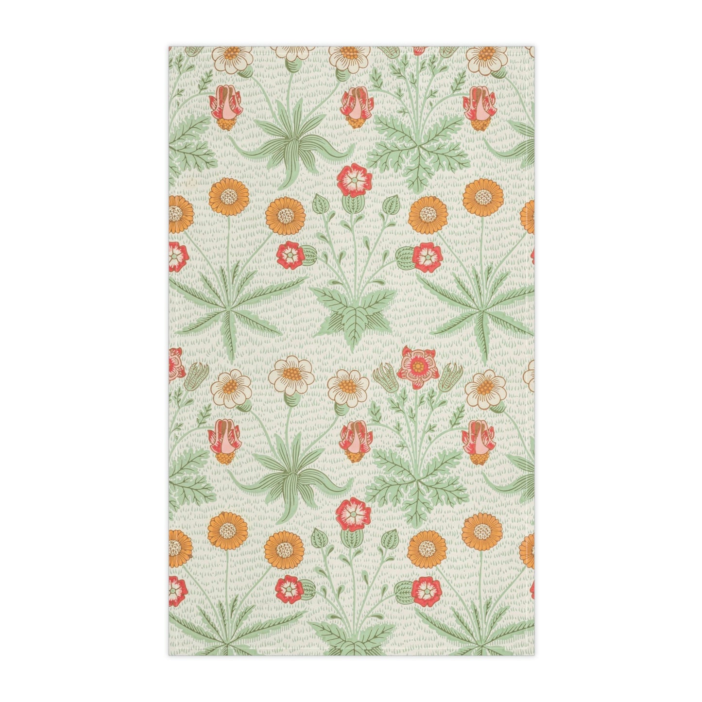 A kitchen tea towel featuring a floral William Morris & Co pattern with prominent orange and green colours on a white background.
