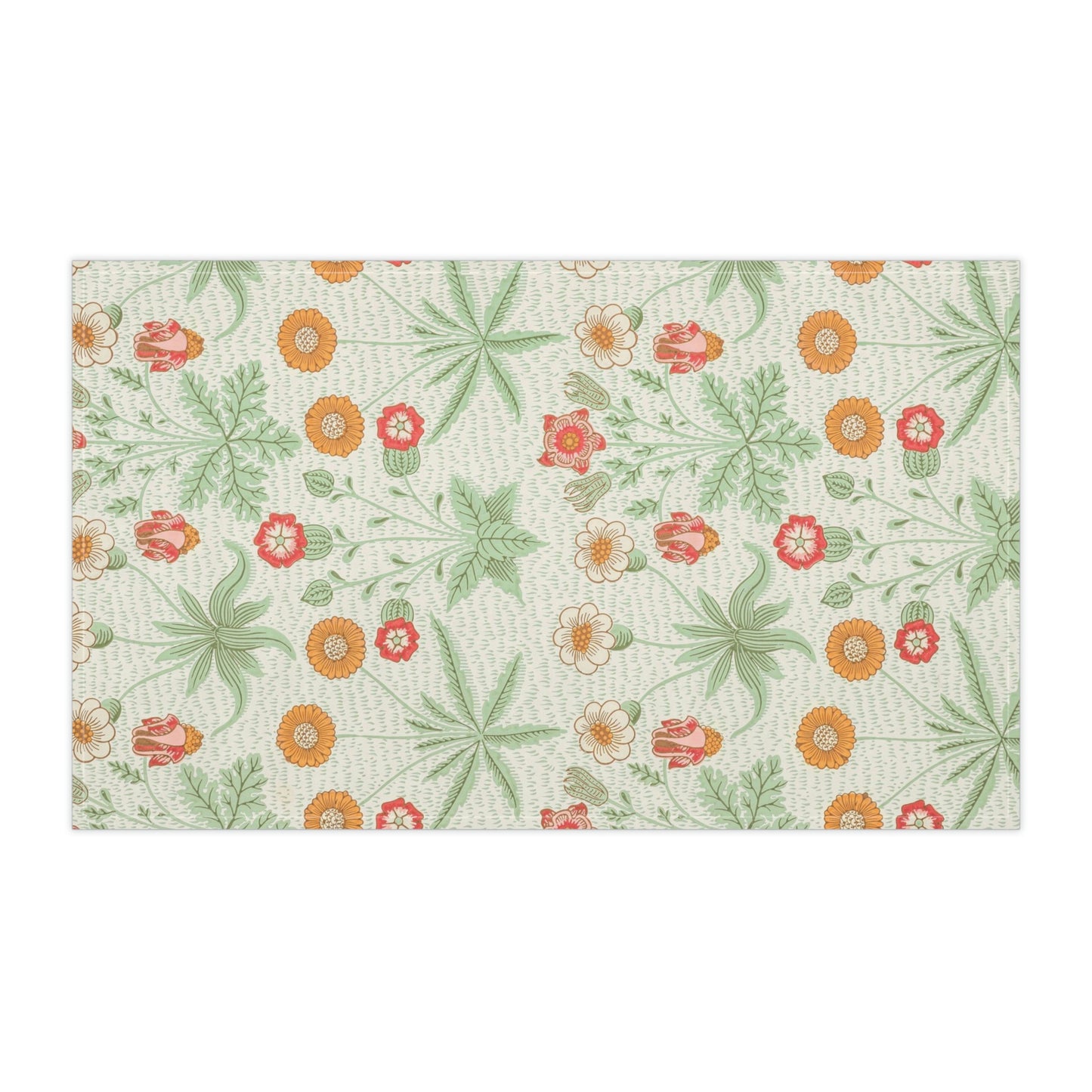 A kitchen tea towel featuring a floral William Morris & Co pattern with prominent orange and green colours on a white background.