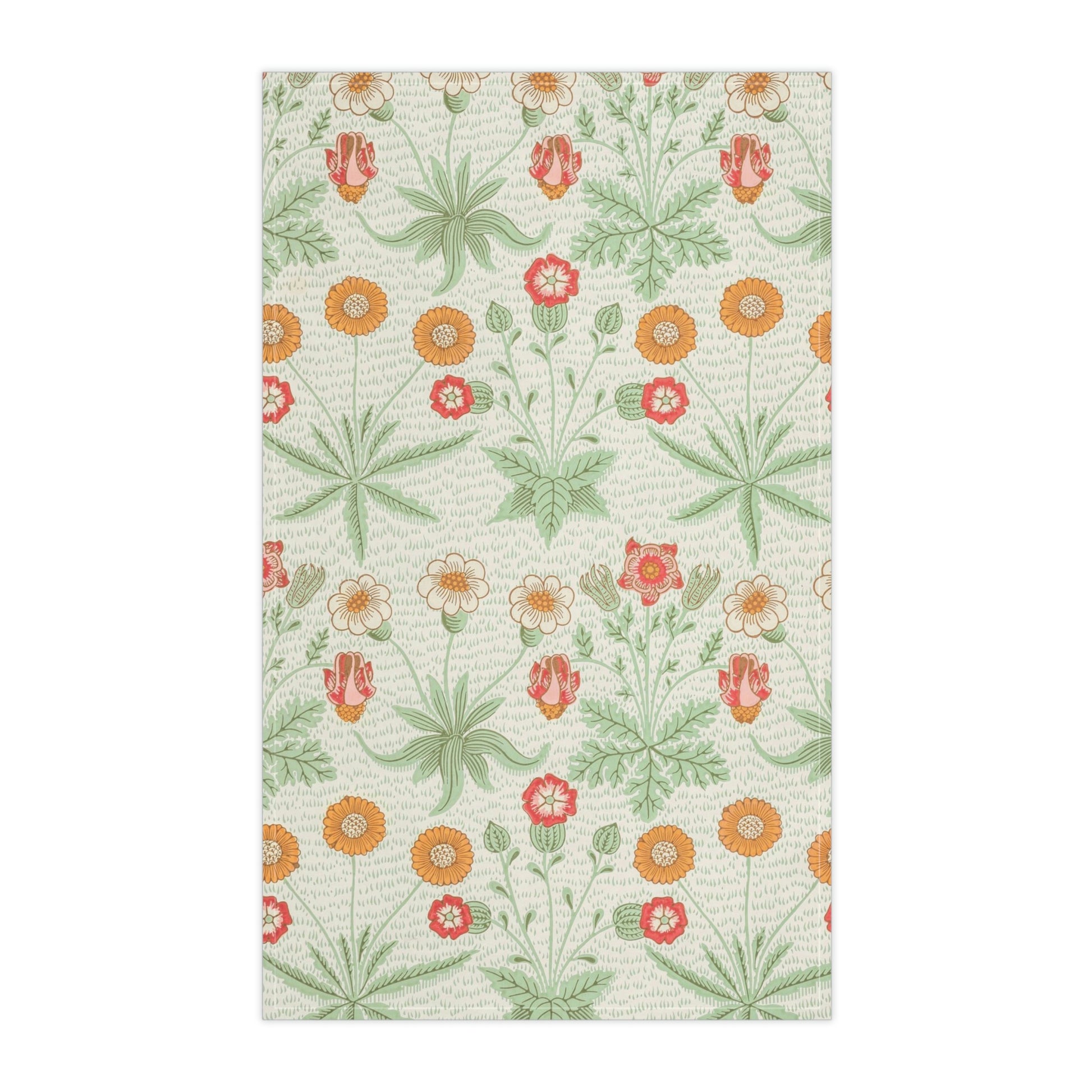 A kitchen tea towel featuring a floral William Morris & Co pattern with prominent orange and green colours on a white background.