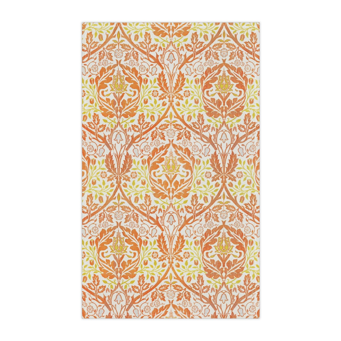 A kitchen tea towel with a floral William Morris  & Co pattern in orange, green, and yellow colours on a light background. 