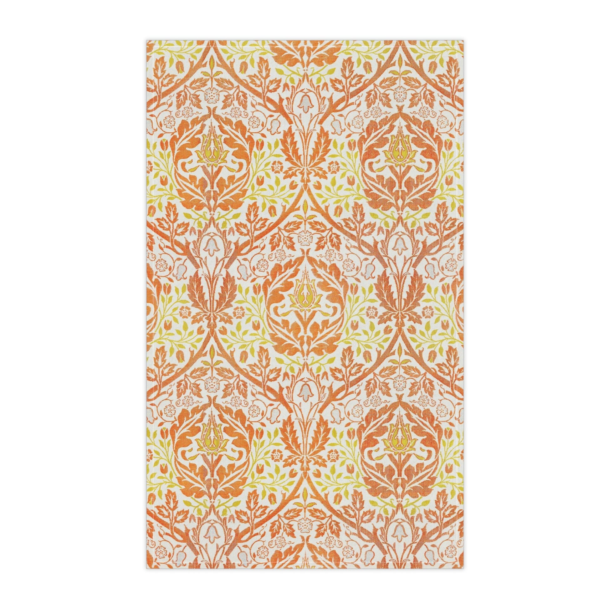 A kitchen tea towel with a floral William Morris  & Co pattern in orange, green, and yellow colours on a light background. 