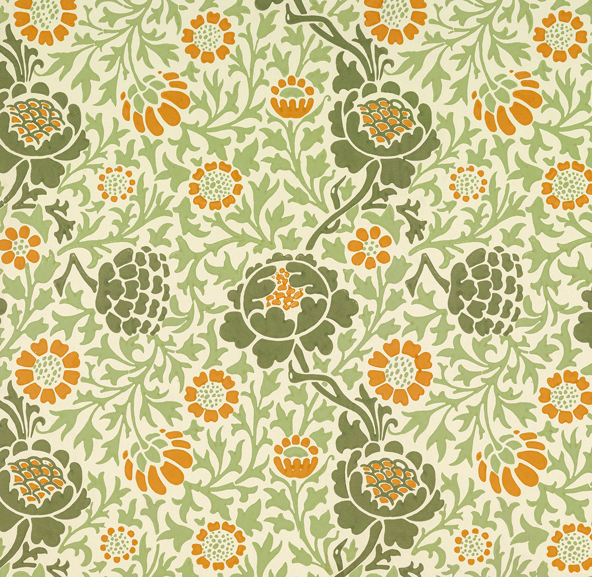 A kitchen tea towel with a floral William Morris & Co pattern featuring green, orange and yellow colours on a light background.