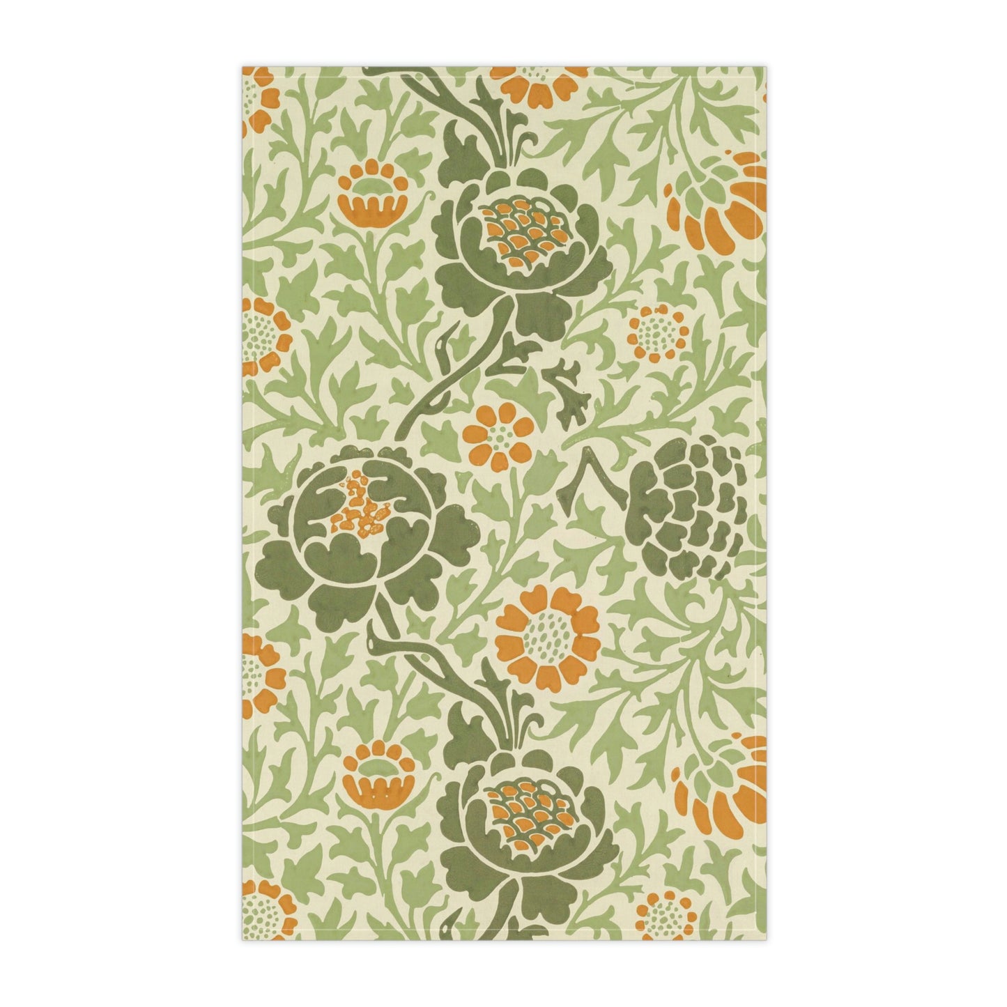 A kitchen tea towel with a floral William Morris & Co pattern featuring green, orange and yellow colours on a light background.