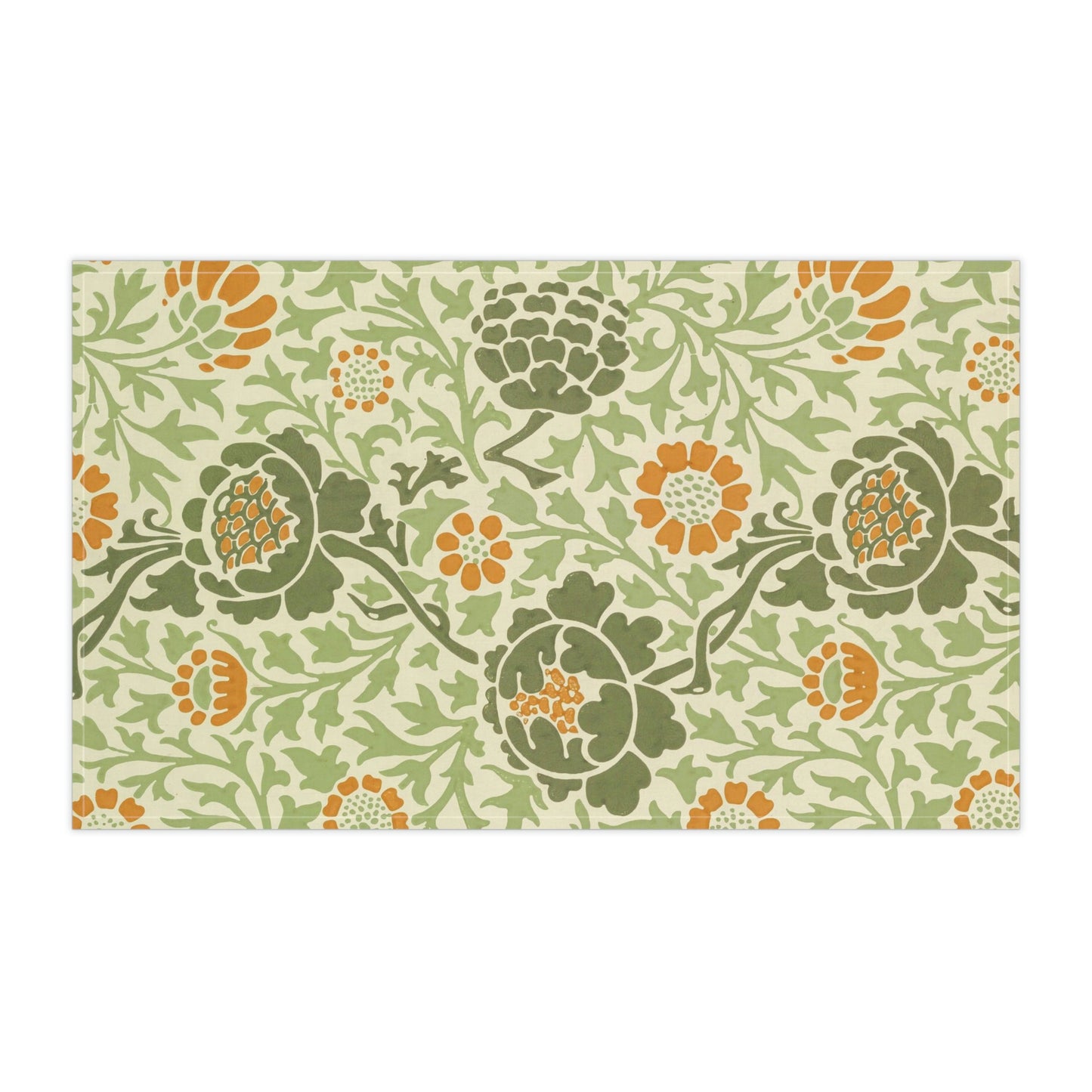 A kitchen tea towel with a floral William Morris & Co pattern featuring green, orange and yellow colours on a light background.