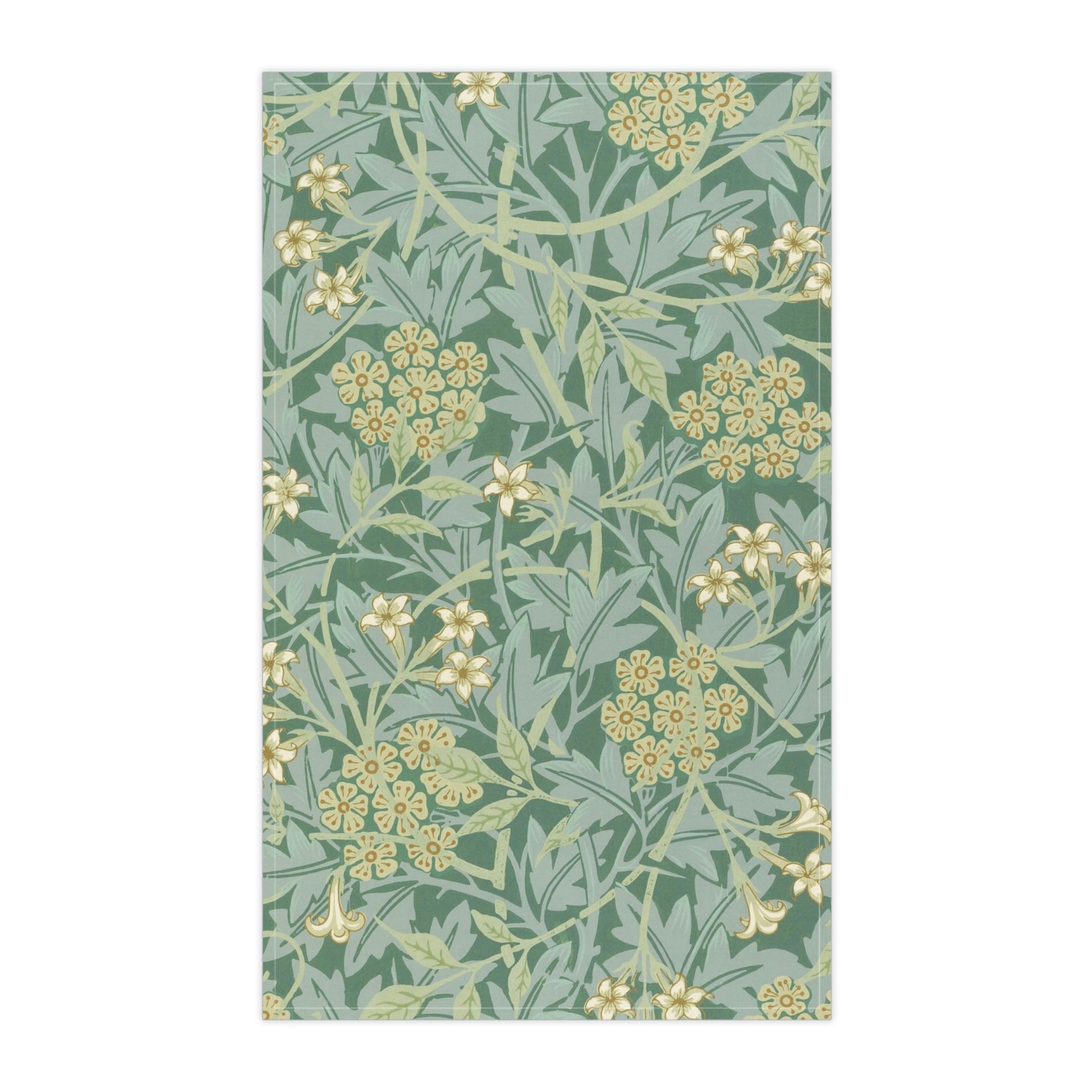 A kitchen tea towel with a green floral pattern inspired by William Morris & Co- Jasmine Collection.