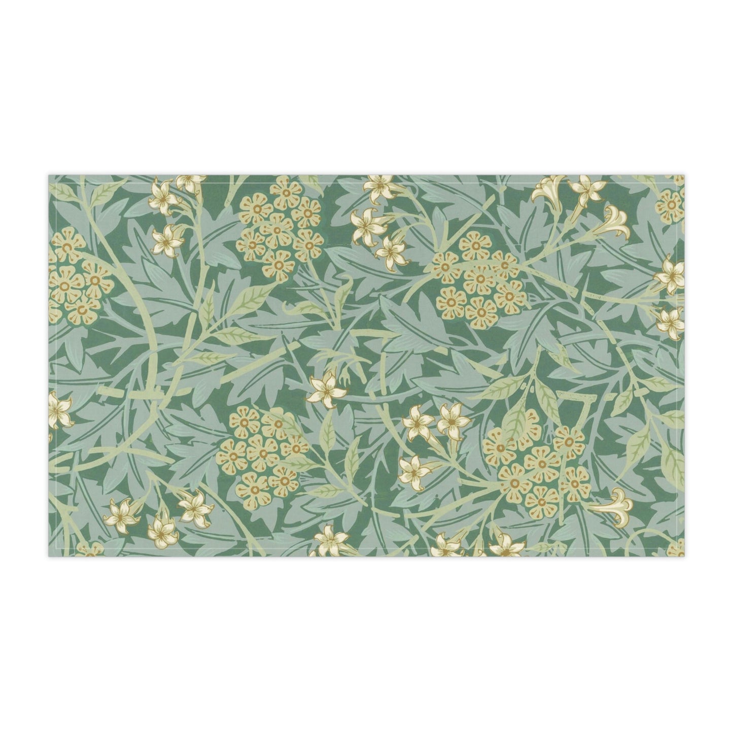A kitchen tea towel with a green floral pattern inspired by William Morris & Co- Jasmine Collection.