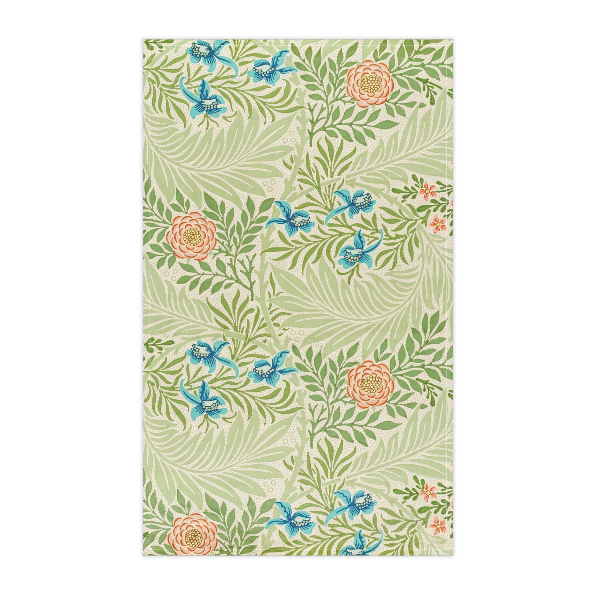 A kitchen tea towel with a floral pattern inspired by William Morris - Larkspur Collection.