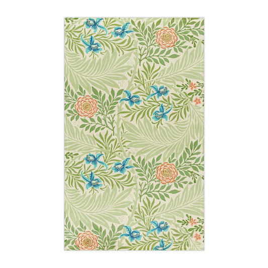 A kitchen tea towel with a floral pattern inspired by William Morris - Larkspur Collection.