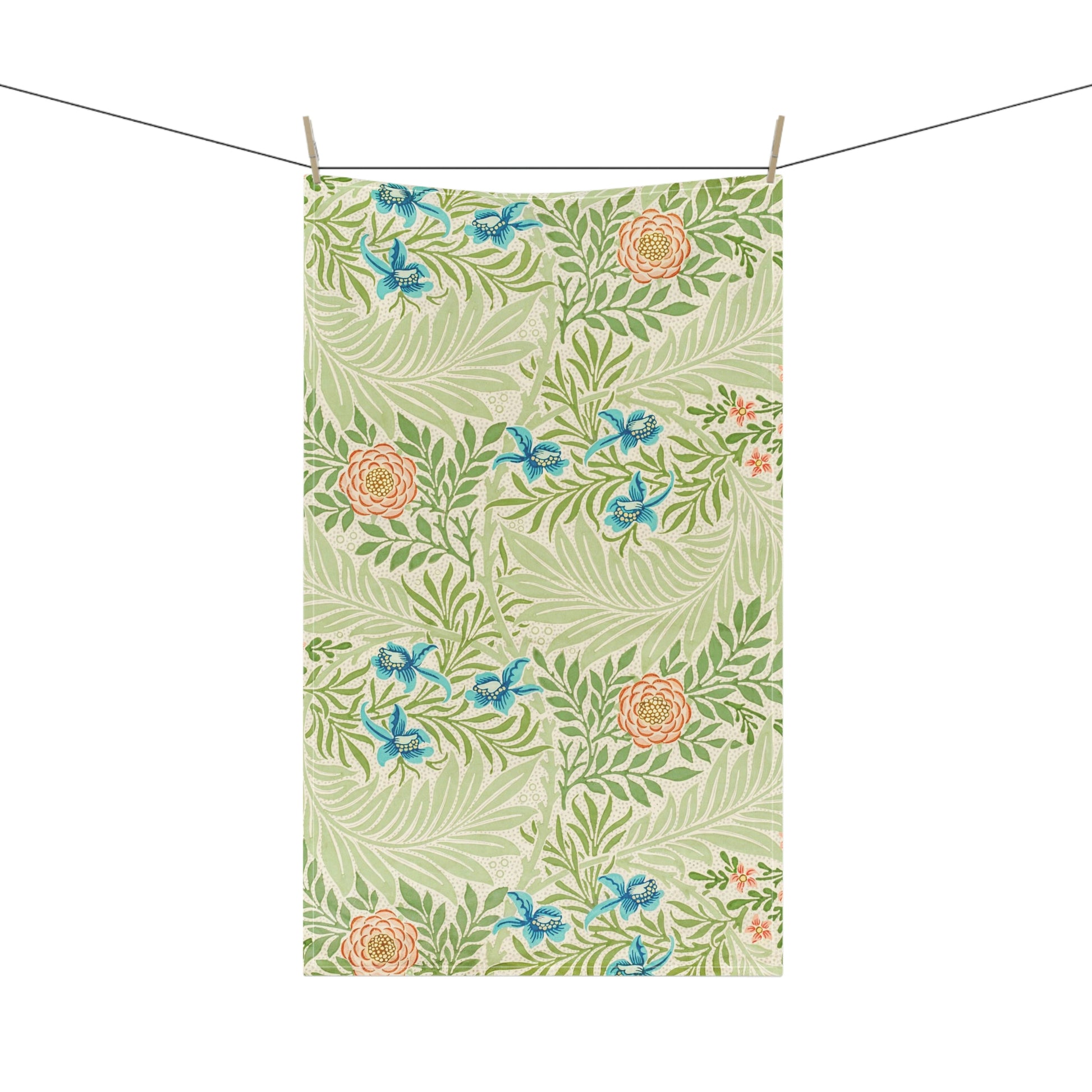 A kitchen tea towel with a floral pattern inspired by William Morris - Larkspur Collection.