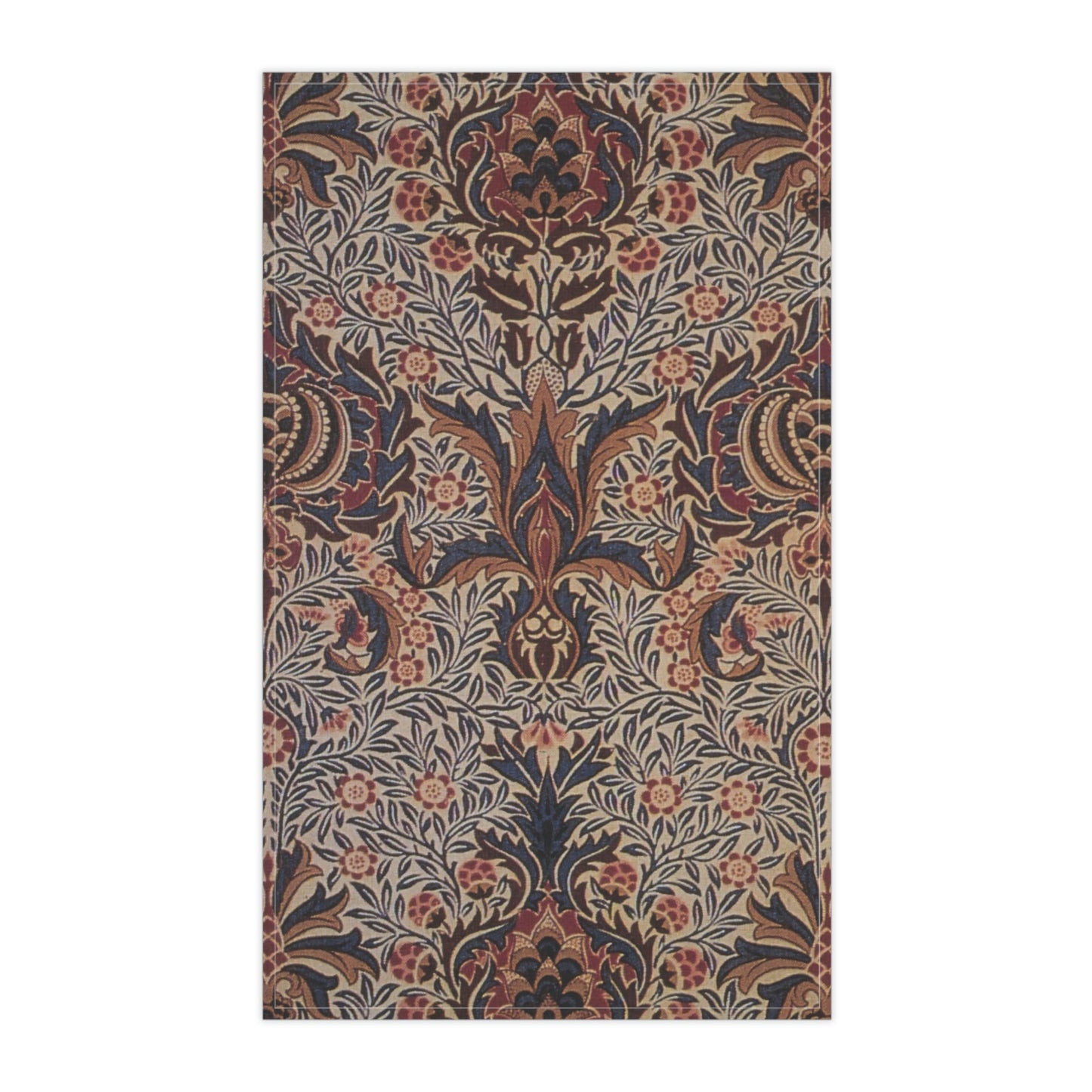 A kitchen tea towel with a floral and geometric pattern in multiple colours, inspired by William Morris - Pomegranate Collection.