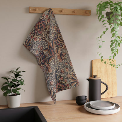 A kitchen tea towel with a floral and geometric pattern in multiple colours, inspired by William Morris - Pomegranate Collection.