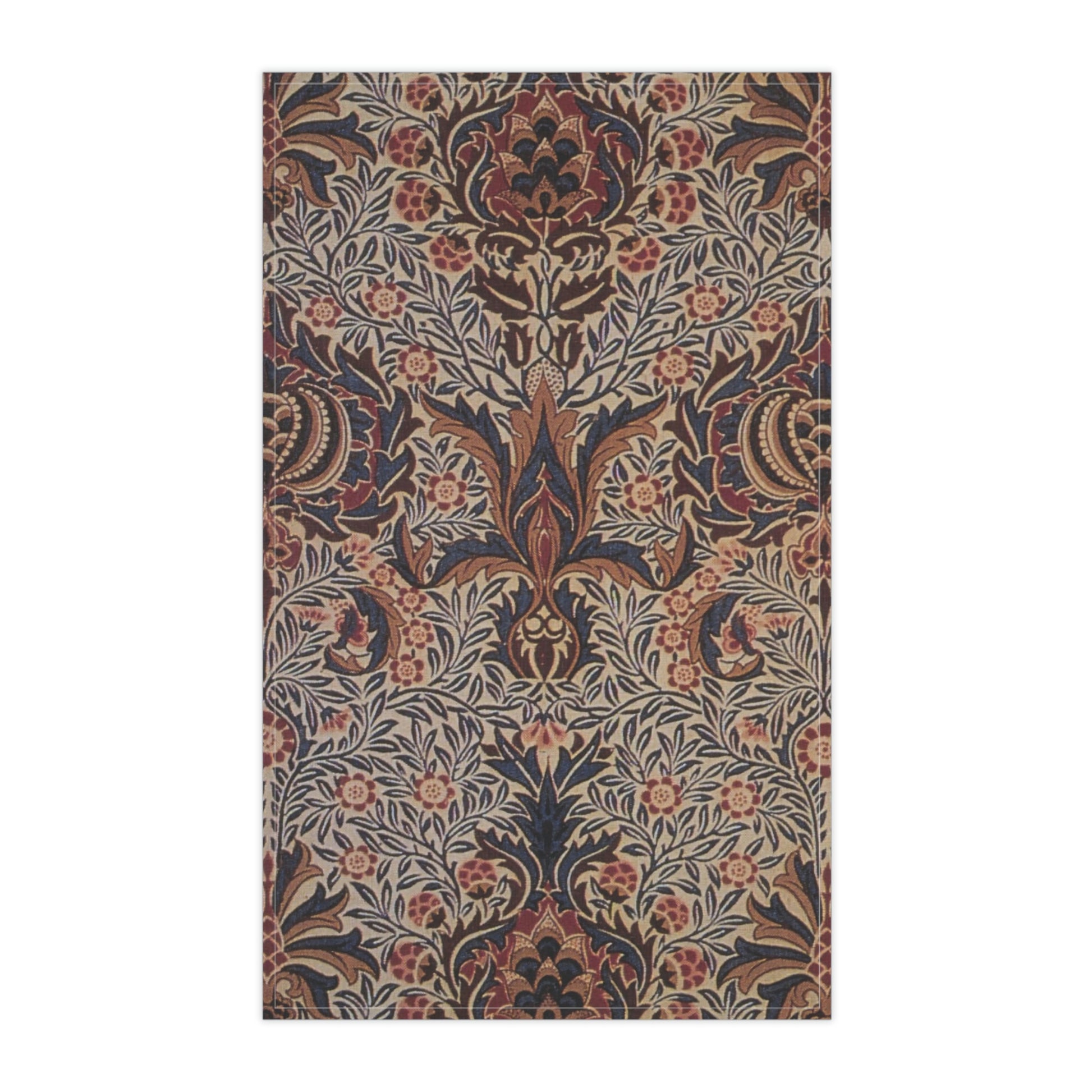 A kitchen tea towel with a floral and geometric pattern in multiple colours, inspired by William Morris - Pomegranate Collection.