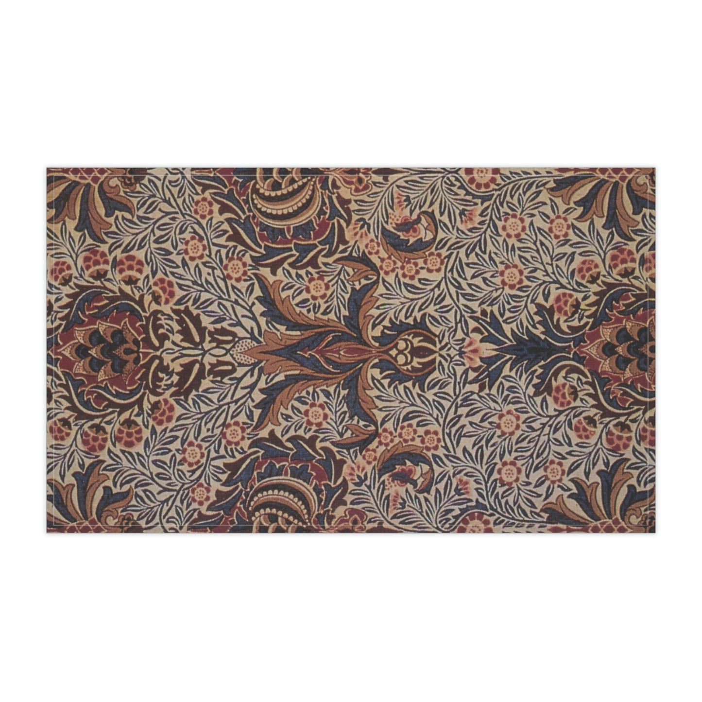 A kitchen tea towel with a floral and geometric pattern in multiple colours, inspired by William Morris - Pomegranate Collection.