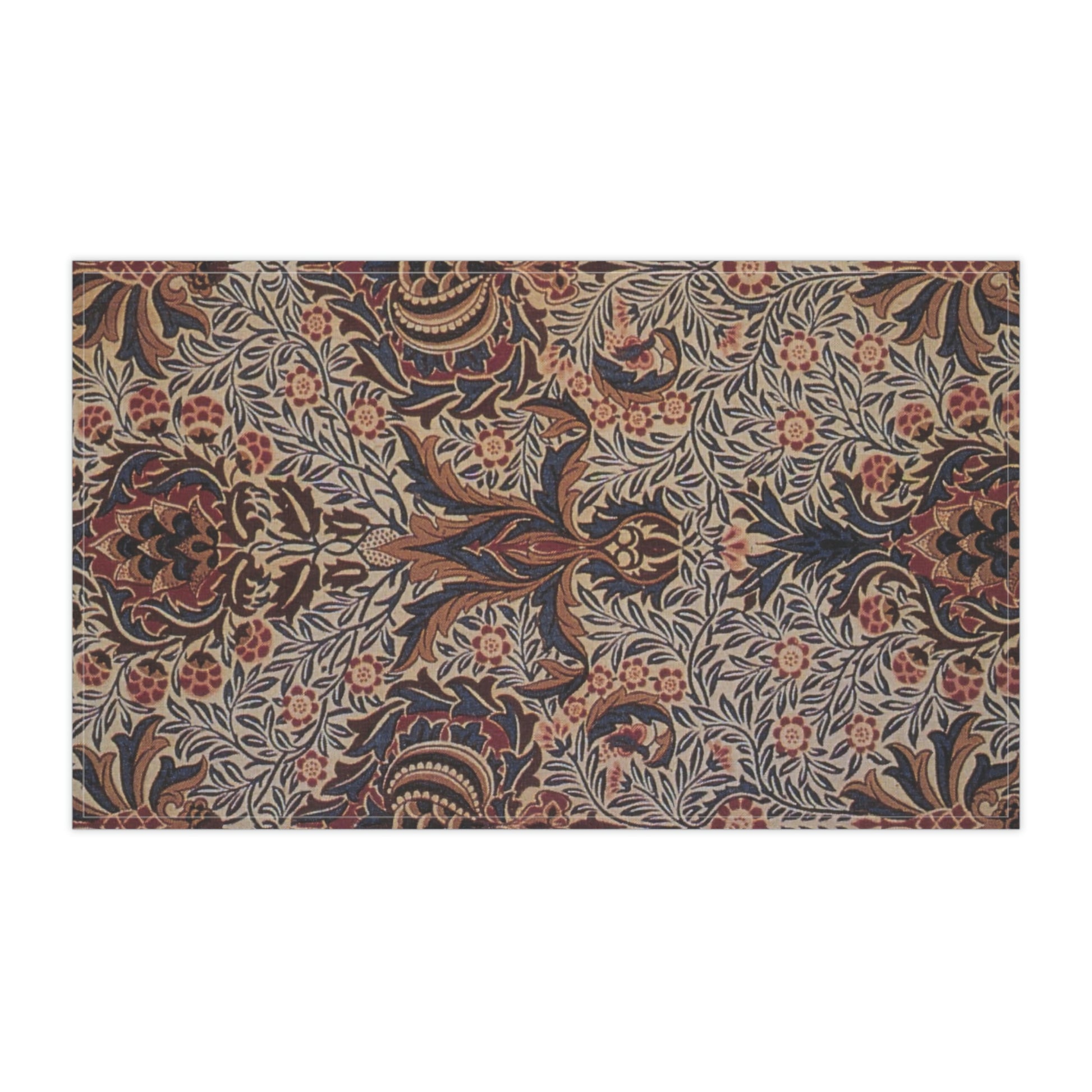 A kitchen tea towel with a floral and geometric pattern in multiple colours, inspired by William Morris - Pomegranate Collection.