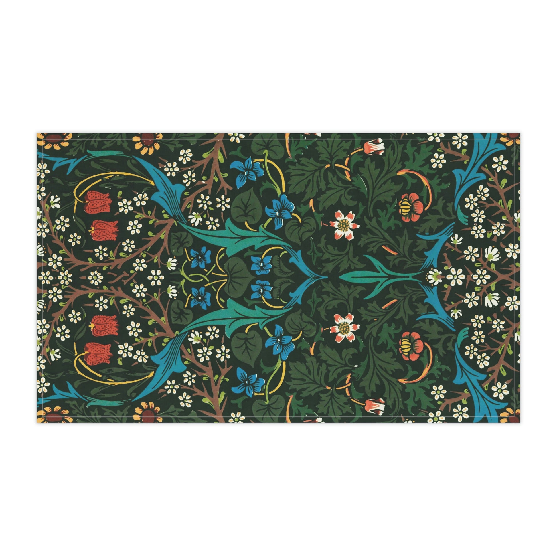 A kitchen tea towel with a floral pattern inspired by William Morris, featuring tulips in red and blue on a dark green background.