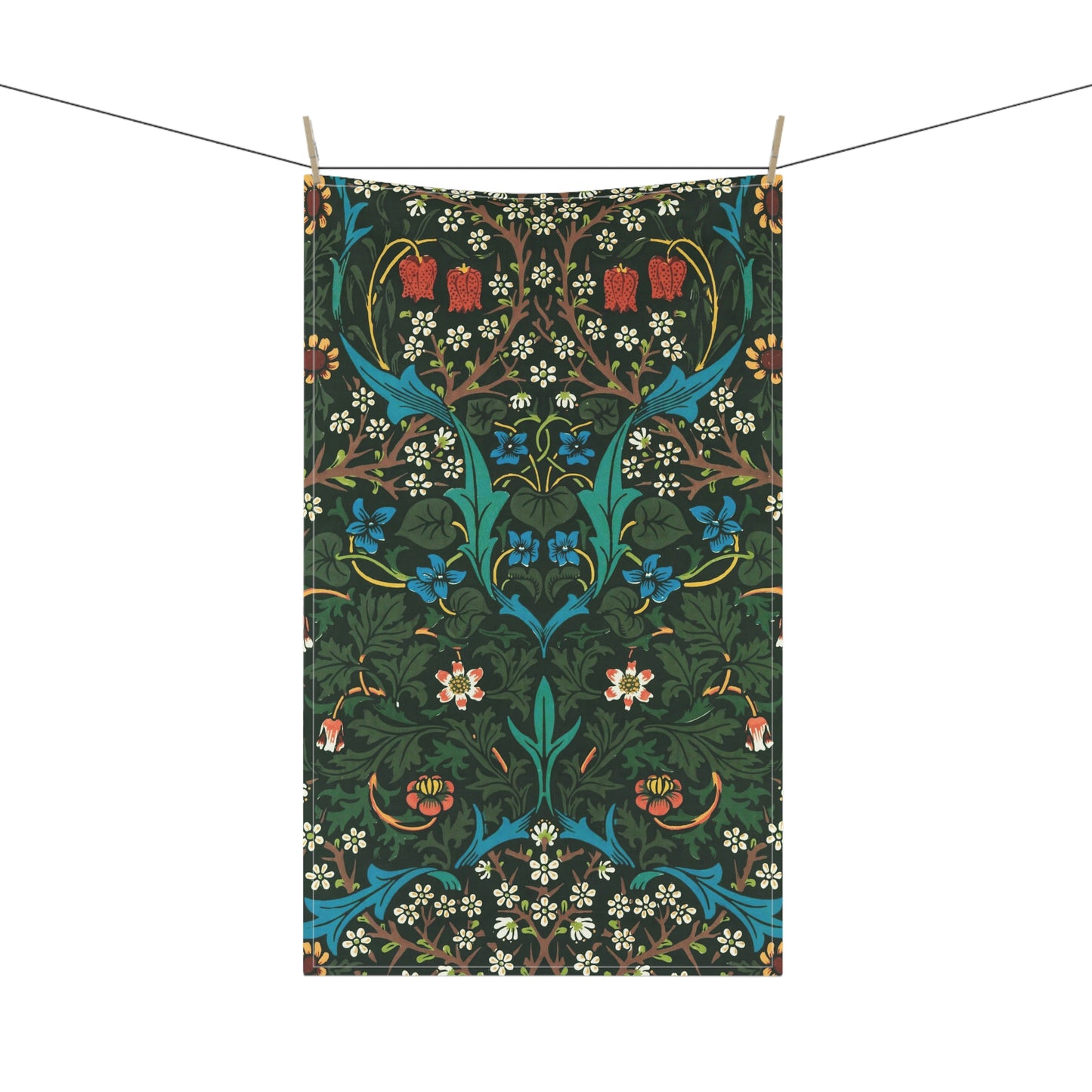 A kitchen tea towel with a floral pattern inspired by William Morris, featuring tulips in red and blue on a dark green background.