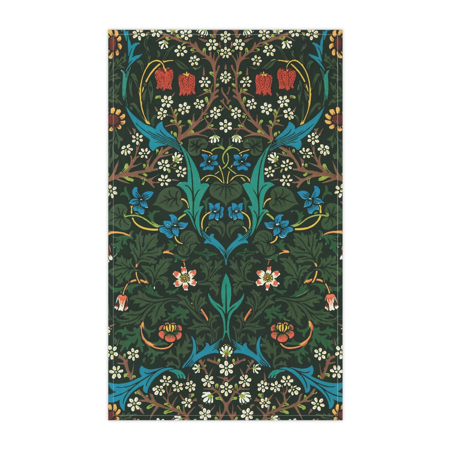 A kitchen tea towel with a floral pattern inspired by William Morris, featuring tulips in red and blue on a dark green background.