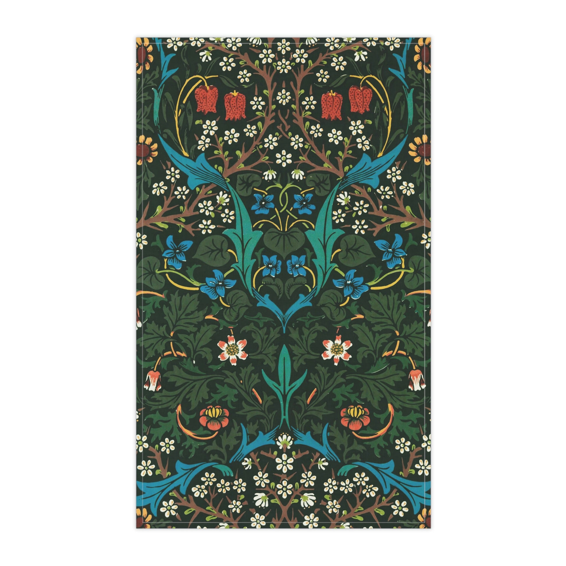 A kitchen tea towel with a floral pattern inspired by William Morris, featuring tulips in red and blue on a dark green background.
