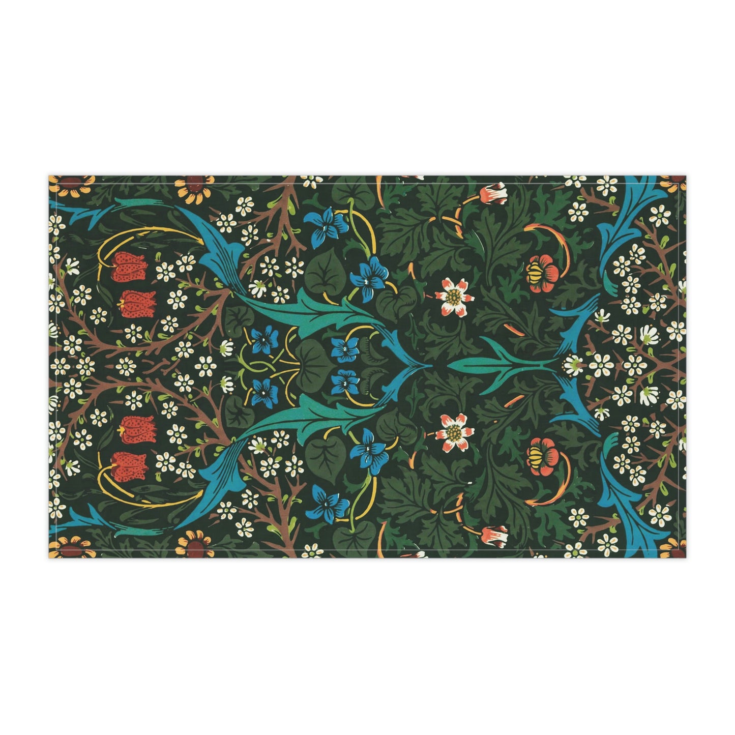 A kitchen tea towel with a floral pattern inspired by William Morris, featuring tulips in red and blue on a dark green background.