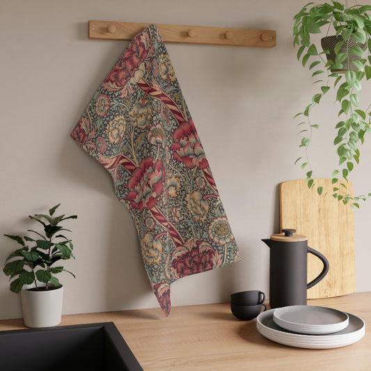 A kitchen tea towel with a red floral pattern inspired by William Morris - Wandle Collection.