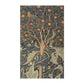 A kitchen tea towel featuring an artistic William Morris & Co design with birds, flowers, and leaves on a green background.