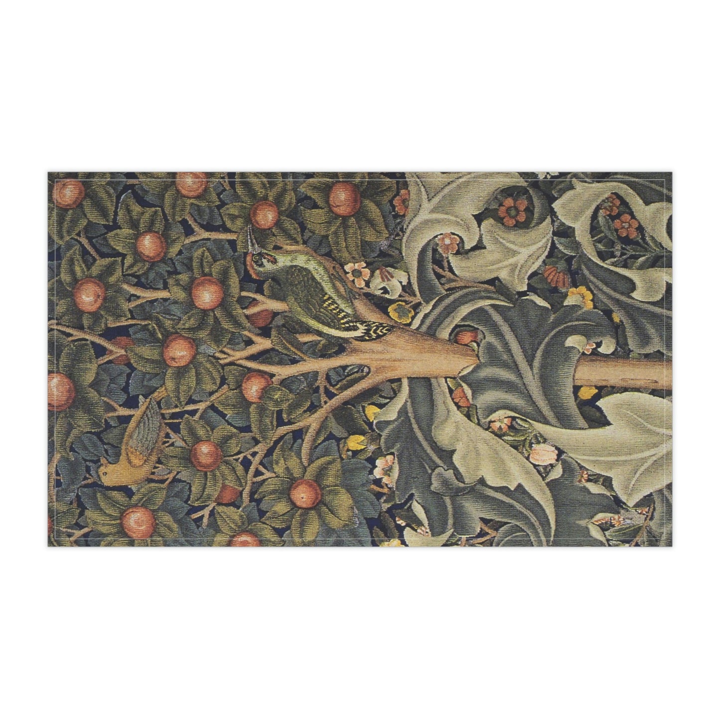 A kitchen tea towel featuring an artistic William Morris & Co design with birds, flowers, and leaves on a green background.